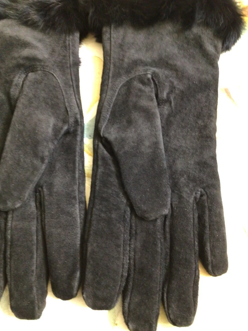 Genuine Suede Leather Black Women’s Gloves with Rabbit Fur Cuffs Size M